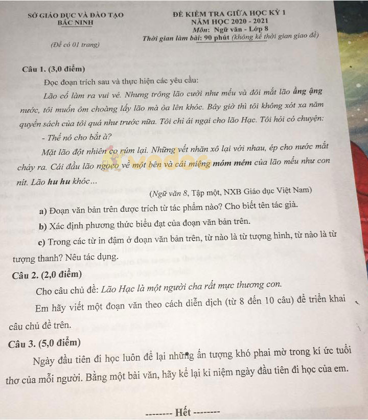 Đề thi giữa học kì 1 lớp 8 môn Ngữ văn Sở GD&ĐT Bắc Ninh năm học 2020 - 2021