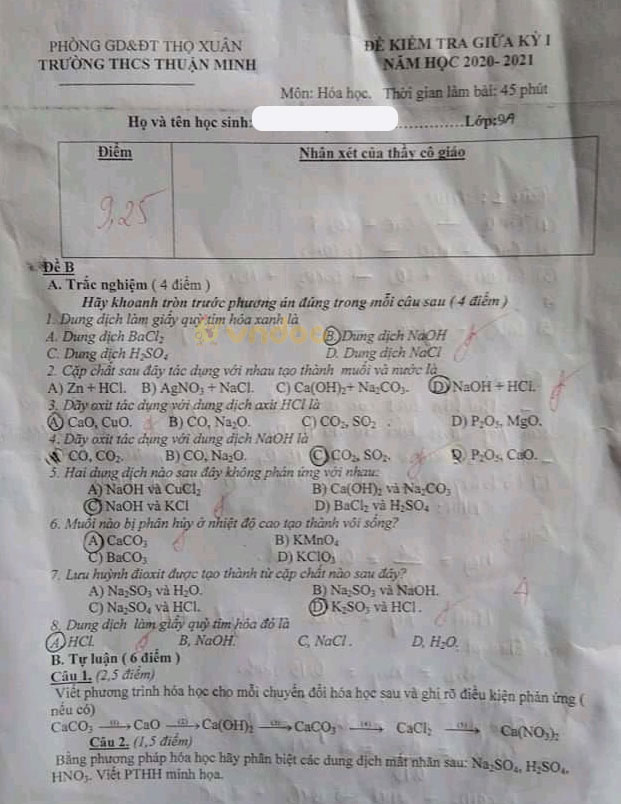 Đề thi giữa học kì 1 lớp 9 môn Hóa Trường THCS Thuận Minh, Thọ Xuân năm 2020 - 2021