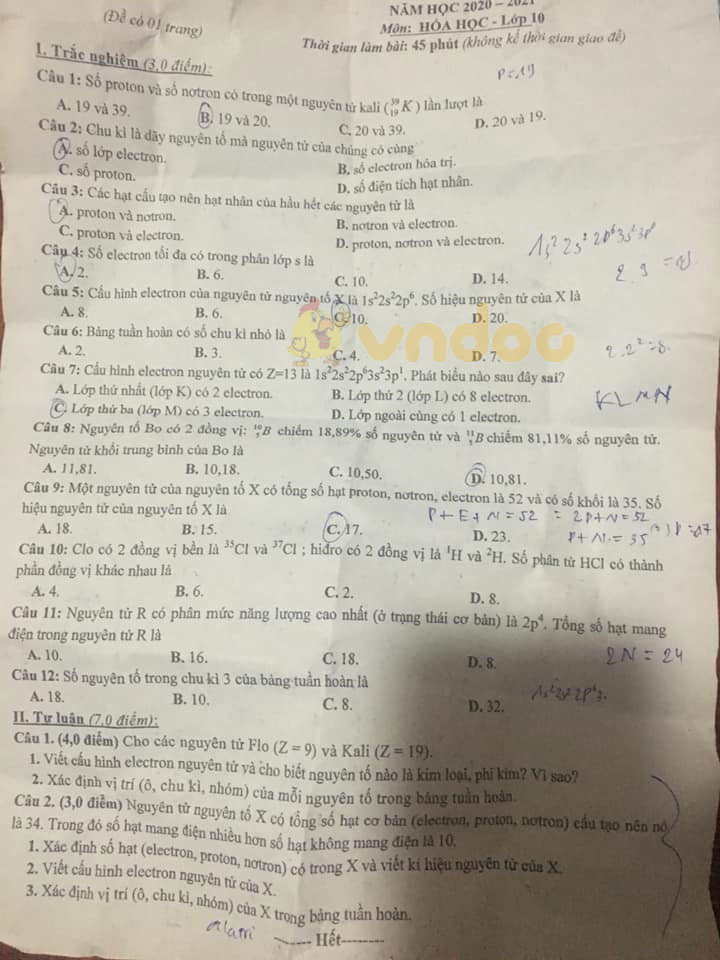 Đề thi giữa học kì 1 lớp 10 môn Hóa học năm 2020 - 2021