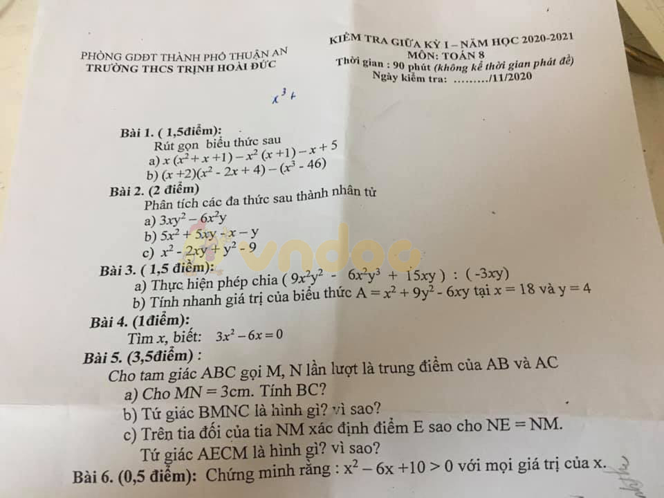 Đề thi giữa học kì 1 lớp 8 môn Toán Trường THCS Trịnh Hoài Đức, Thuận An năm 2020 - 2021