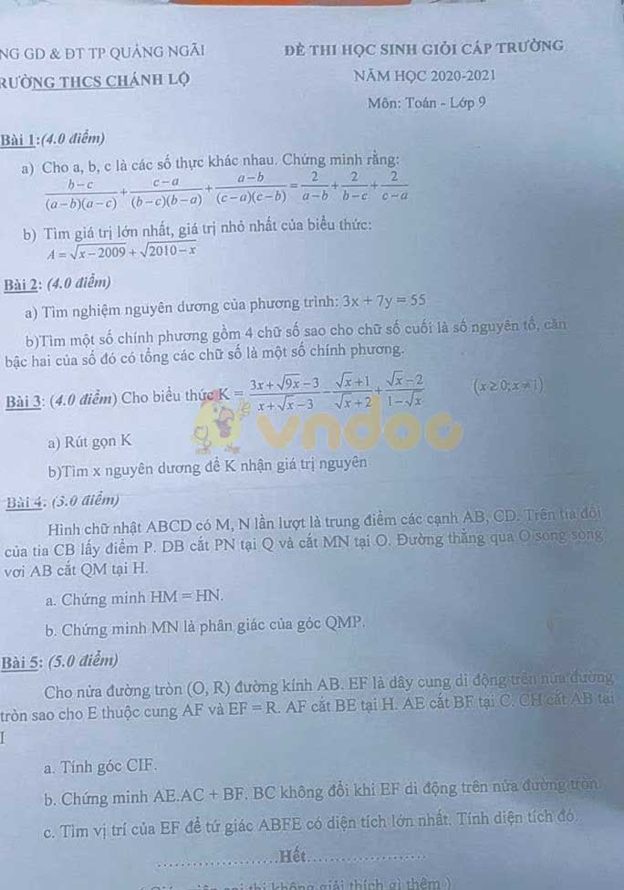 Đề thi chọn học sinh giỏi lớp 9 môn Toán Trường THCS Chánh Lộ, Quảng Ngãi năm 2020 - 2021