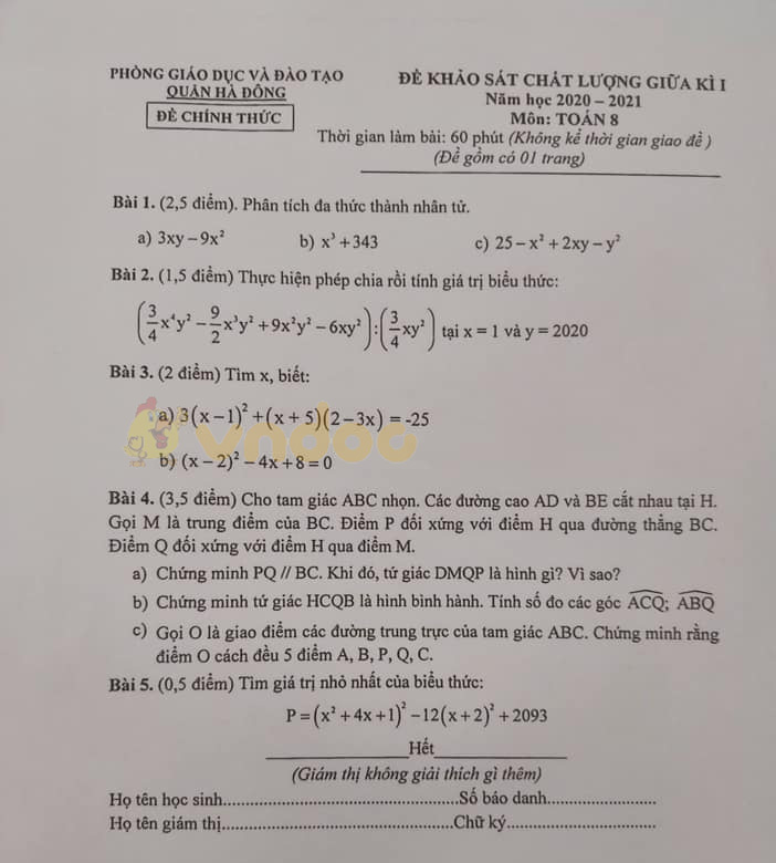 Đề thi giữa học kì 1 lớp 8 môn Toán Phòng GD&ĐT Quận Hà Đông năm 2020 - 2021