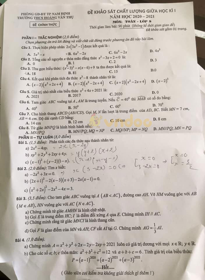 Đề thi giữa học kì 1 lớp 8 môn Toán Trường THCS Hoàng Văn Thụ, Nam Định năm 2020 - 2021