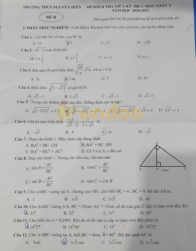 Đề thi giữa học kì 1 lớp 9 môn Toán Trường THCS Nguyễn Hiền năm 2020 - 2021 (Đề B)