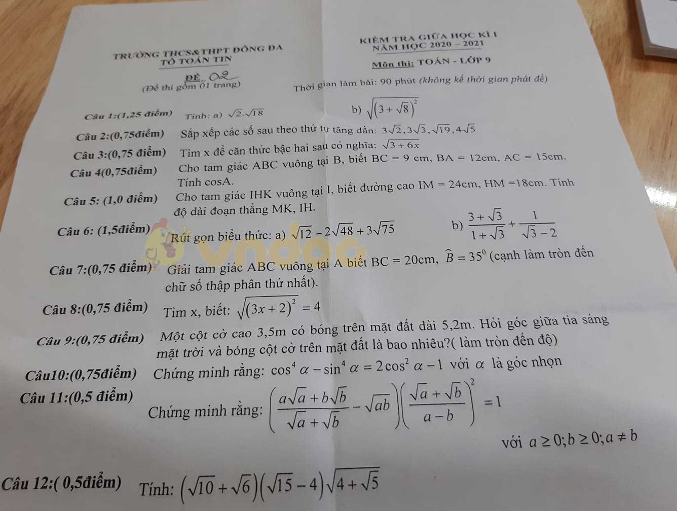 Đề thi giữa học kì 1 lớp 9 môn Toán Trường THCS&THPT Đống Đa năm 2020 - 2021 (đề 2)