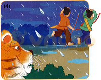 	- Câu hỏi 1: Con hổ có tính tình như thế nào? 	- Trả lời: Con hổ có tính cách rất hung hăng. 	- Câu hỏi 2: “Con vật lạ” đầu tiên mà hổ gặp được thực ra là gì? 	- Trả lời: “Con vật lạ” đầu tiên mà hổ gặp được thực ra là lửa. 	- Câu hỏi 3: Gặp “con vật lạ” đó hổ đã làm gì? 	- Trả lời: Gặp “con vật lạ” hổ liền lao vào tấn công. 	- Câu hỏi 4: Vì sao hổ bị xém lông? 	- Trả lời: Hổ bị xém lông do bị lửa bám vào, đốt cháy lông. 	- Câu hỏi 5: Sau lửa, hổ tiếp tục gặp ai? 	- Trả lời: Sau lửa, hổ gặp mưa. 	- Câu hỏi 6: Hổ tưởng mưa làm gì mình? 	- Trả lời: Hổ tưởng mưa ném sỏi vào mình. 	- Câu hỏi 7: Mưa đã nói gì mà khiến hổ rất giận dữ? 	- Trả lời: Mưa đã gọi hổ là “anh hổ ngốc nghếch” khiến hổ rất giận giữ. 	- Câu hỏi 8: Nhìn thấy hai người thợ săn, hổ làm gì? 	- Trả lời: Nhìn thấy hai người thợ săn, hổ sợ quá, vội quay đầu chạy trốn. 	- Câu hỏi 9: Mưa đã làm gì để giúp đỡ hổ? 	- Trả lời: Mưa đã trút nước xuống ào ào làm cho hai người vội vàng chạy về nhà để giúp hổ thoát nạn. 	- Câu hỏi 10: Sau khi thoát nạn, hổ đã trở nên như thế nào? 	- Trả lời: Sau khi thoát nạn, hổ không còn hung hăng như trước nữa.