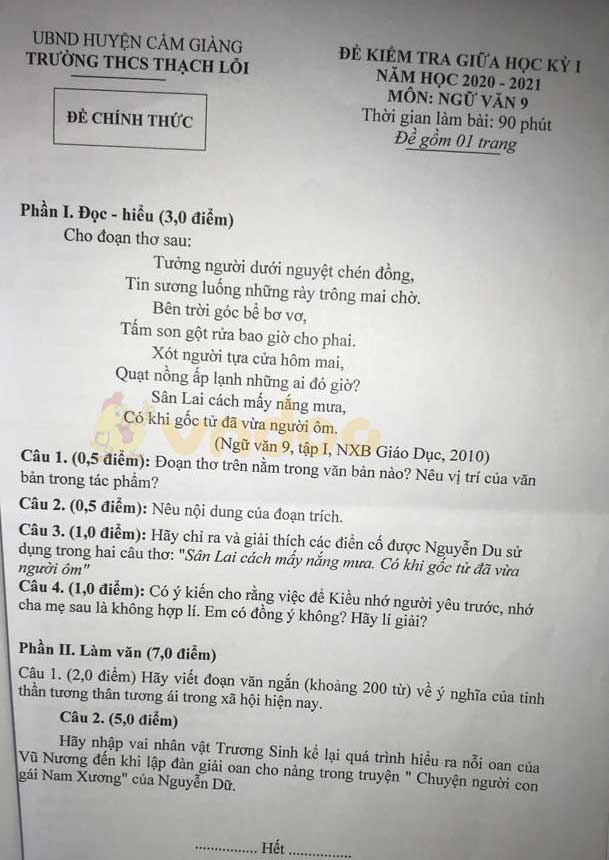 Đề thi giữa học kì 1 lớp 9 môn Ngữ văn Trường THCS Thạch Lỗi, Cẩm Giàng năm 2020 - 2021