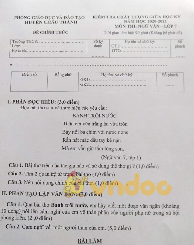 Đề thi Ngữ văn 7 giữa kì 1 năm 2020