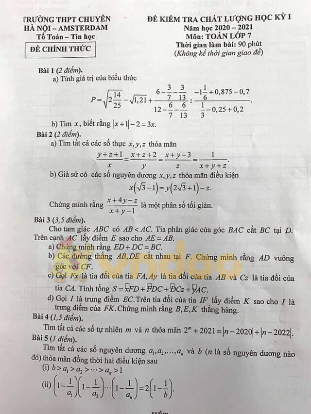 Đề thi Toán 7 giữa kì 1 năm 2020