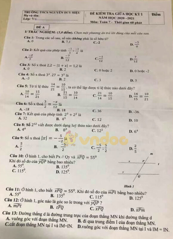 Đề thi Toán giữa kì 1 lớp 7 năm 2020