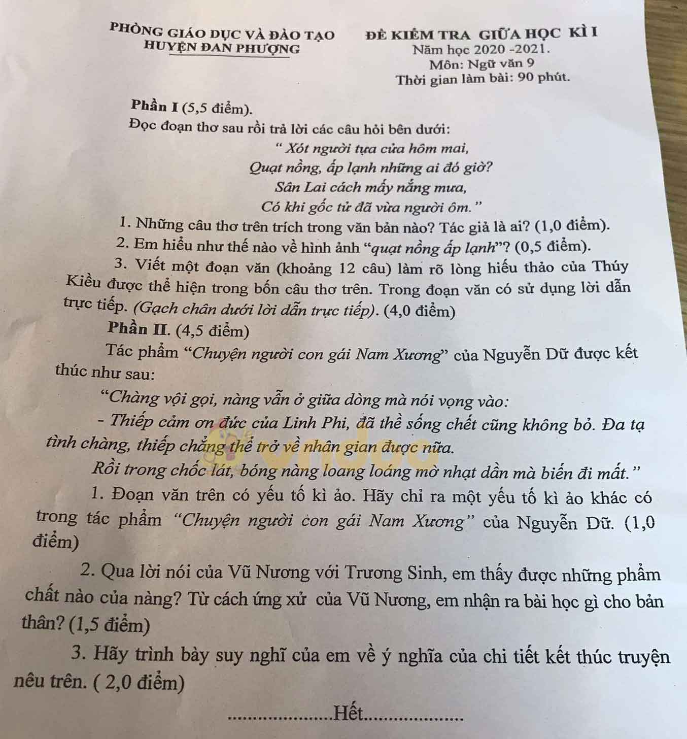 Đề thi giữa học kì 1 lớp 9 môn Ngữ văn Phòng GD&ĐT huyện Đan Phượng năm 2020 - 2021