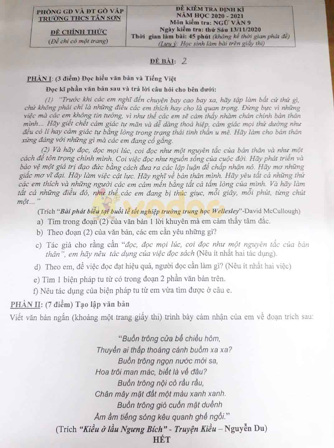 Đề thi giữa học kì 1 lớp 9 môn Ngữ văn Trường THCS Tân Sơn, Gò Vấp năm 2020 - 2021
