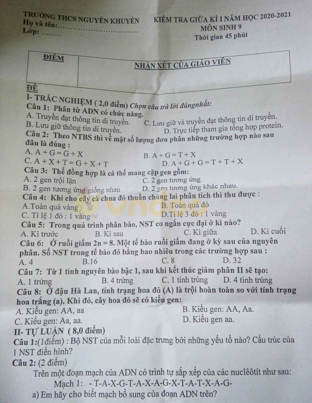 Đề thi giữa học kì 1 lớp 9 môn Sinh học Trường THCS Nguyễn Khuyến năm học 2020 - 2021