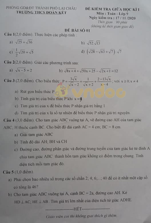 Đề thi giữa học kì 1 lớp 9 môn Toán Trường THCS Đoàn Kết, Lai Châu năm 2020 - 2021