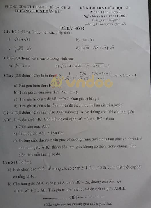 Đề thi giữa học kì 1 lớp 9 môn Toán Trường THCS Đoàn Kết, Lai Châu năm 2020 - 2021