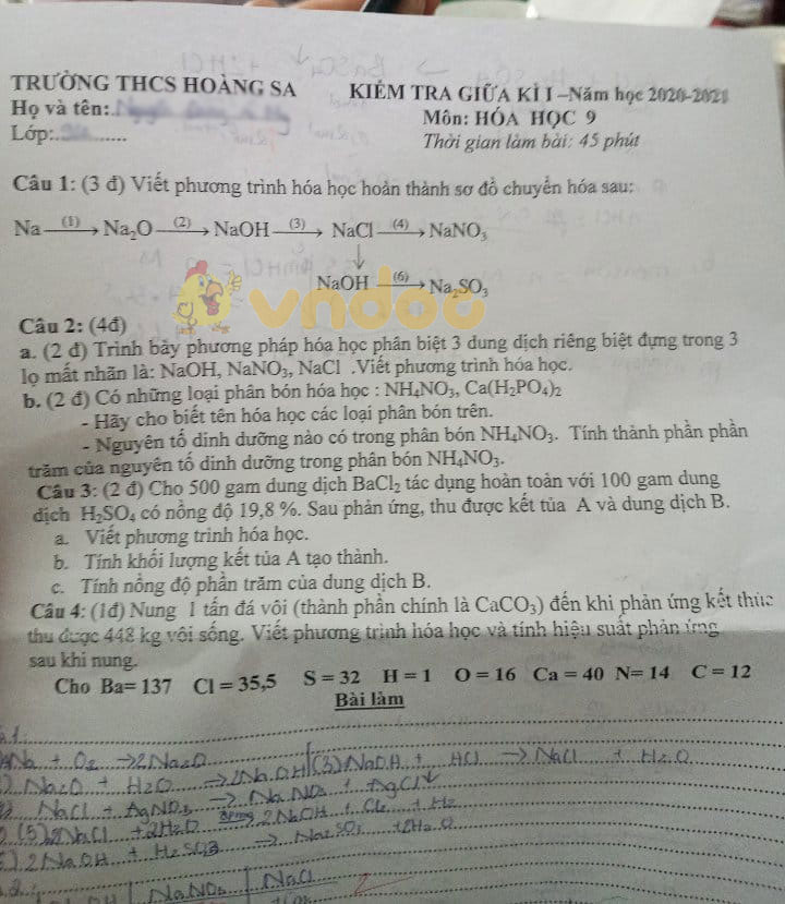 Đề thi giữa học kì 1 lớp 9 môn Hóa học Trường THCS Hoàng Sa năm 2020 - 2021
