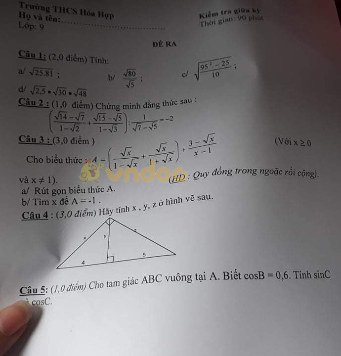 Đề thi giữa học kì 1 lớp 9 môn Toán Trường THCS Hóa hợp năm 2020 - 2021