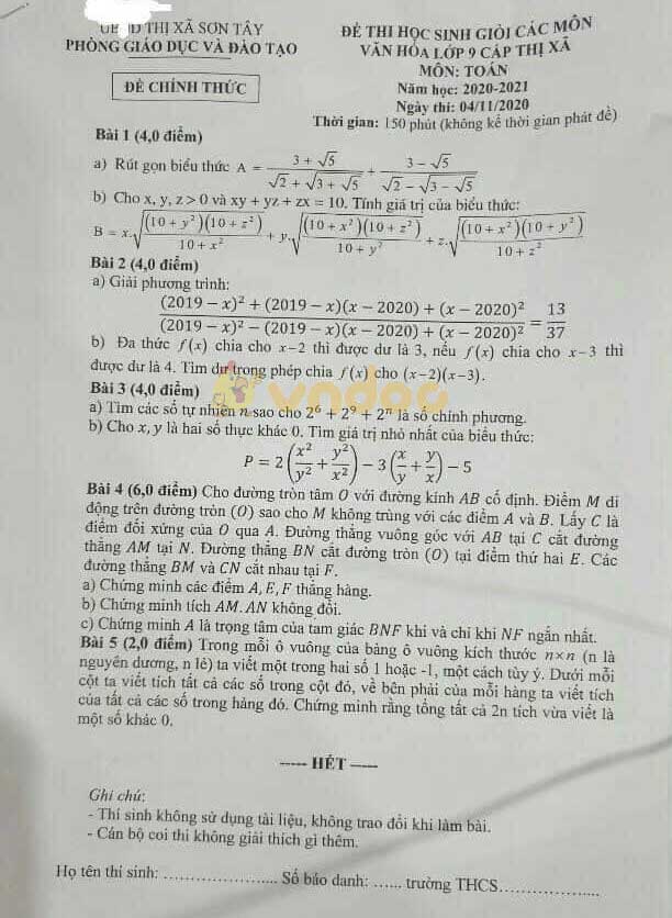 Đề thi chọn học sinh giỏi lớp 9 môn Toán Phòng GD&ĐT Sơn Tây năm 2020 - 2021