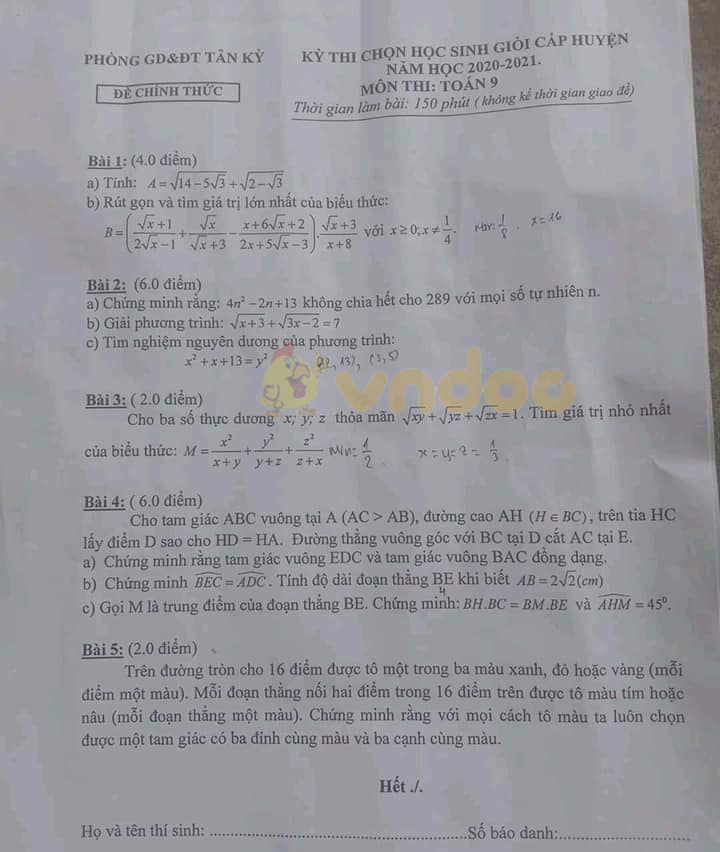 Đề thi chọn học sinh giỏi lớp 9 môn Toán Phòng GD&ĐT Tân Kỳ năm 2020 - 2021