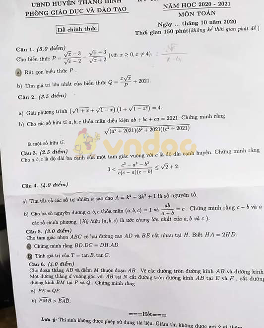 Đề thi chọn học sinh giỏi lớp 9 môn Toán Phòng GD&ĐT huyện Thăng Bình năm 2020 - 2021