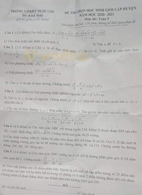 Đề thi chọn học sinh giỏi lớp 9 môn Toán Phòng GD&ĐT Nghi Lộc năm 2020 - 2021