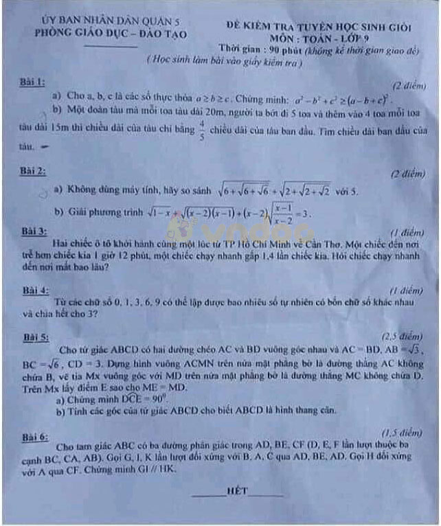 Đề thi chọn học sinh giỏi lớp 9 môn Toán Phòng GD&ĐT Quận 5 năm 2020 - 2021