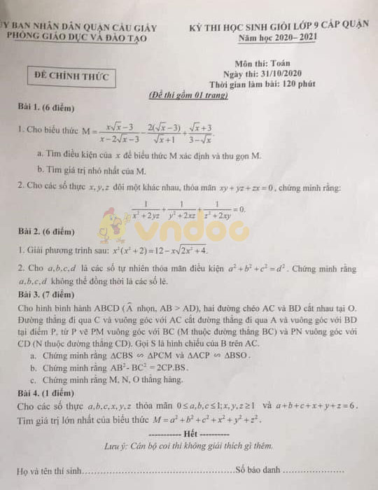 Đề thi chọn học sinh giỏi lớp 9 môn Toán Phòng GD&ĐT Quận Cầu Giấy năm 2020 - 2021