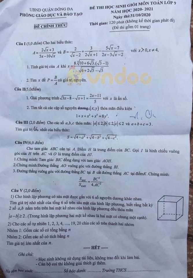 Đề thi chọn học sinh giỏi lớp 9 môn Toán Phòng GD&ĐT Quận Đống Đa năm 2020 - 2021