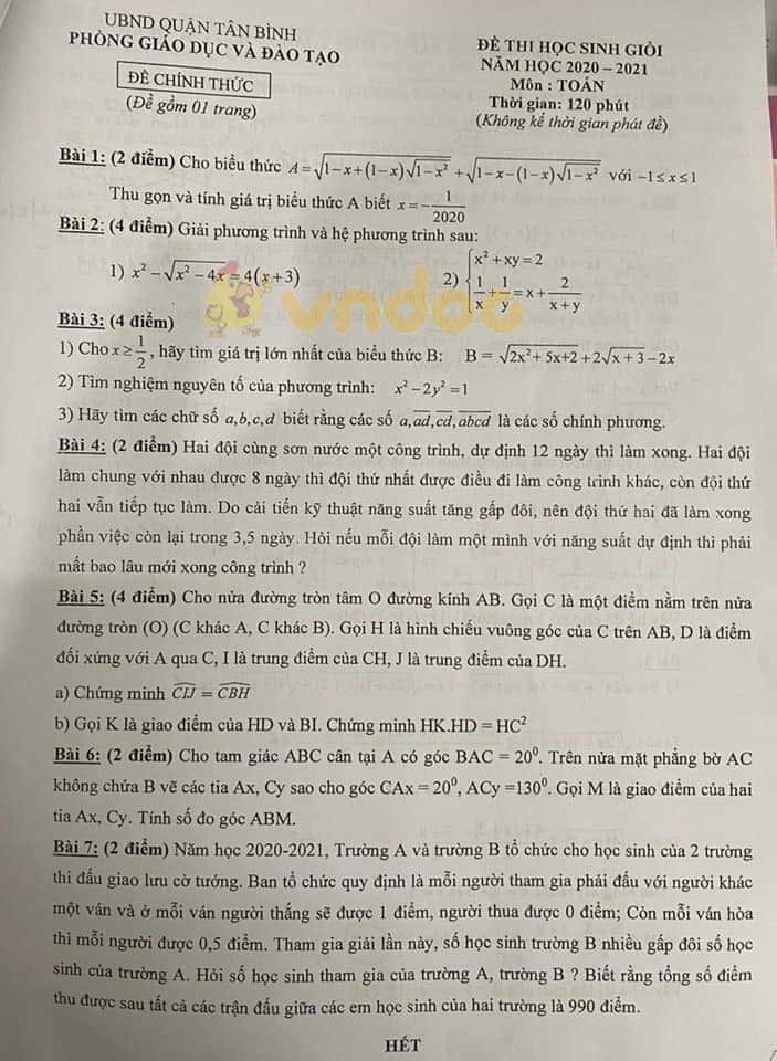 Đề thi chọn học sinh giỏi lớp 9 môn Toán Phòng GD&ĐT quận Tân Bình năm 2020 - 2021