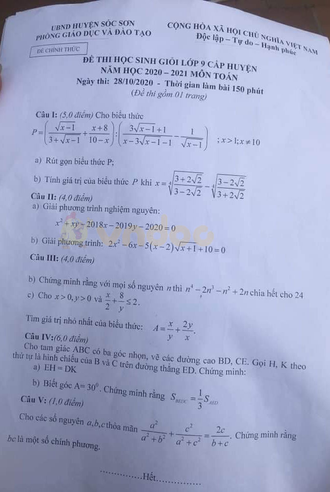 Đề thi chọn học sinh giỏi lớp 9 môn Toán Phòng GD&ĐT Sóc Sơn năm 2020 - 2021