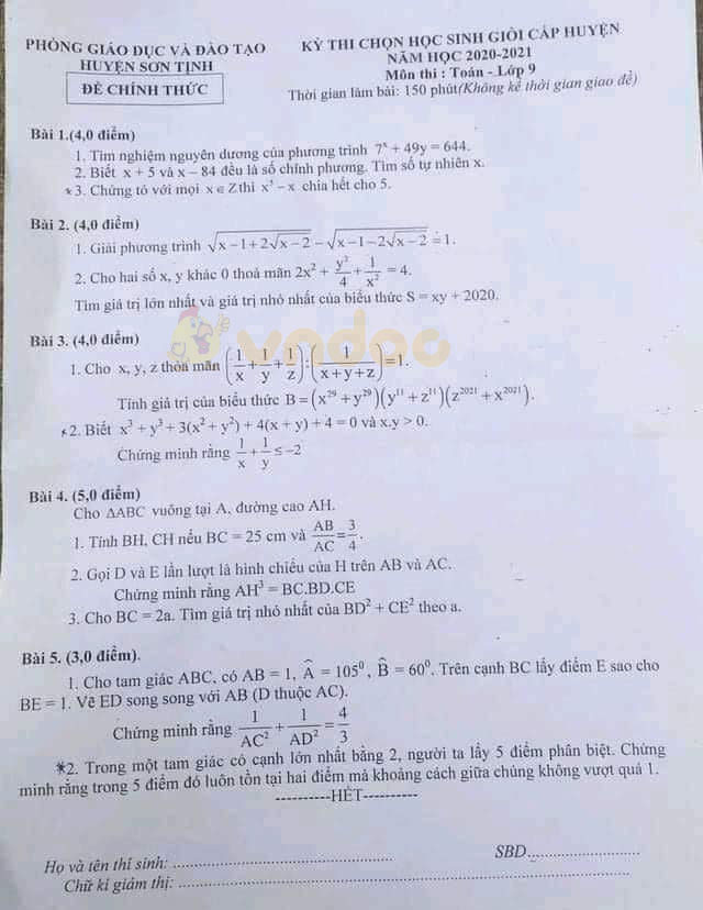 Đề thi chọn học sinh giỏi lớp 9 môn Toán Phòng GD&ĐT Sơn Tịnh năm 2020 - 2021