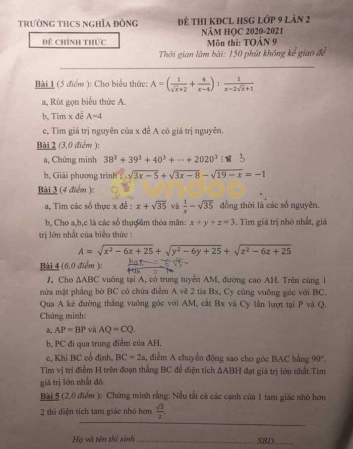 Đề thi chọn học sinh giỏi lớp 9 môn Toán Trường THCS Nghĩa Đồng năm 2020 - 2021
