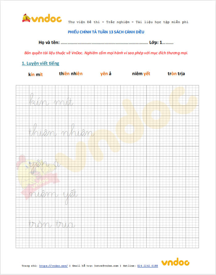 Phiếu chính tả lớp 1 tuần 13 sách Cánh Diều