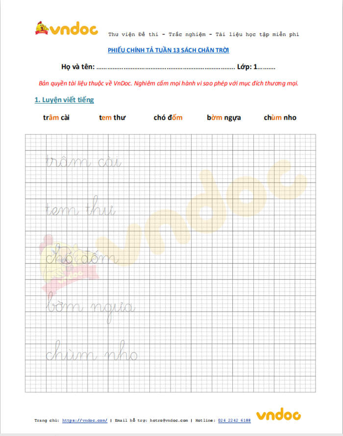 Phiếu chính tả lớp 1 tuần 13 sách Chân trời