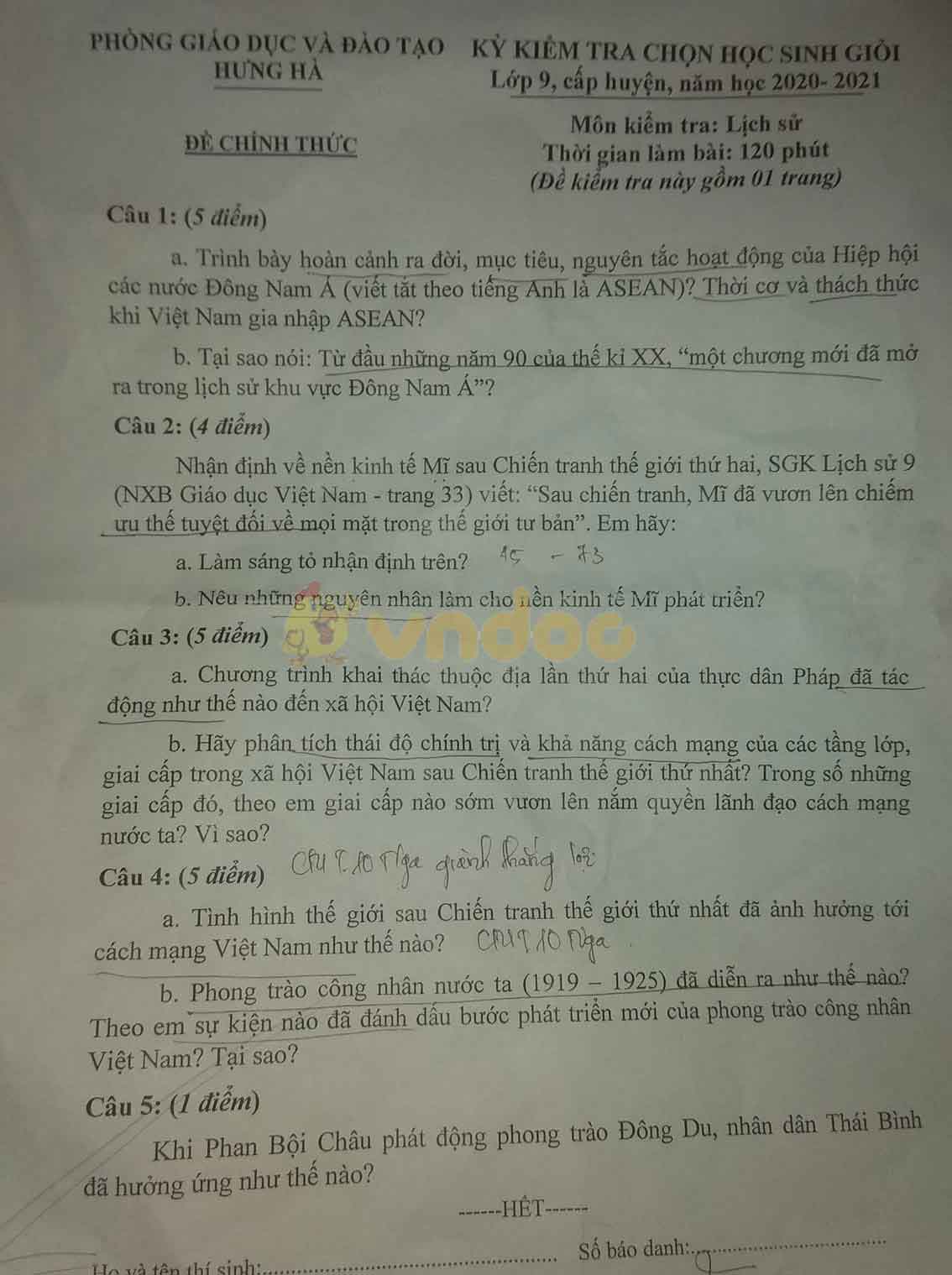 Đề thi chọn học sinh giỏi lớp 9 môn Lịch sử Phòng GD&ĐT Hưng Hà năm 2020 - 2021