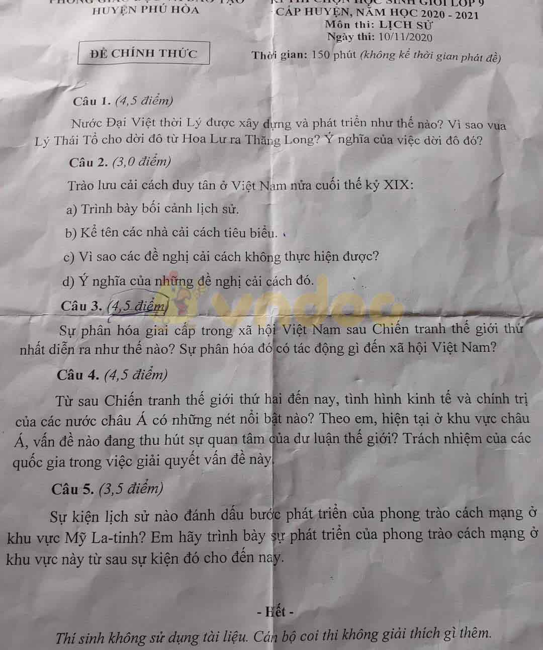 Đề thi chọn học sinh giỏi lớp 9 môn Lịch sử Phòng GD&ĐT Phú Hòa năm học 2020 - 2021