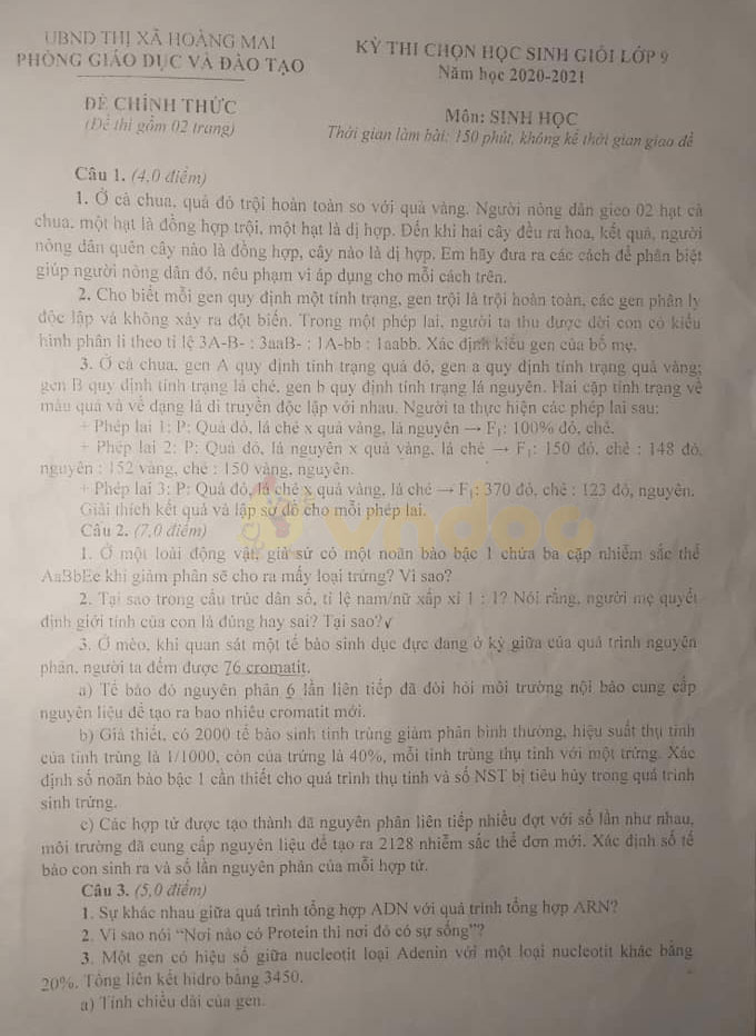 Đề thi chọn học sinh giỏi lớp 9 môn Sinh học Phòng GD&ĐT thị xã Hoàng Mai năm 2020 - 2021