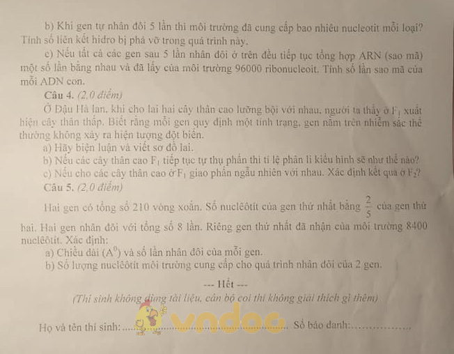 Đề thi chọn học sinh giỏi lớp 9 môn Sinh học Phòng GD&ĐT thị xã Hoàng Mai năm 2020 - 2021