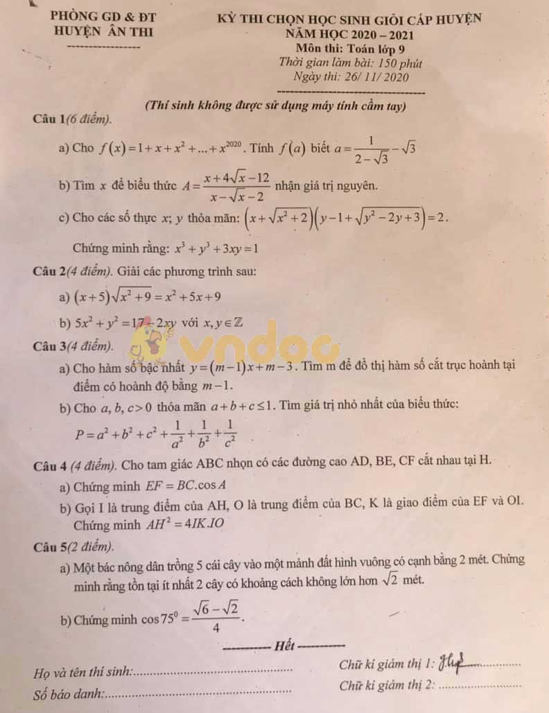 Đề thi chọn học sinh giỏi lớp 9 môn Toán Phòng GD&ĐT Ân Thi năm 2020 - 2021