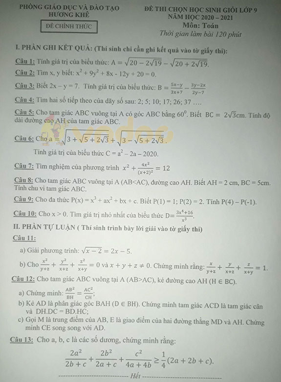 Đề thi chọn học sinh giỏi lớp 9 môn Toán Phòng GD&ĐT Hương Khê năm học 2020 - 2021
