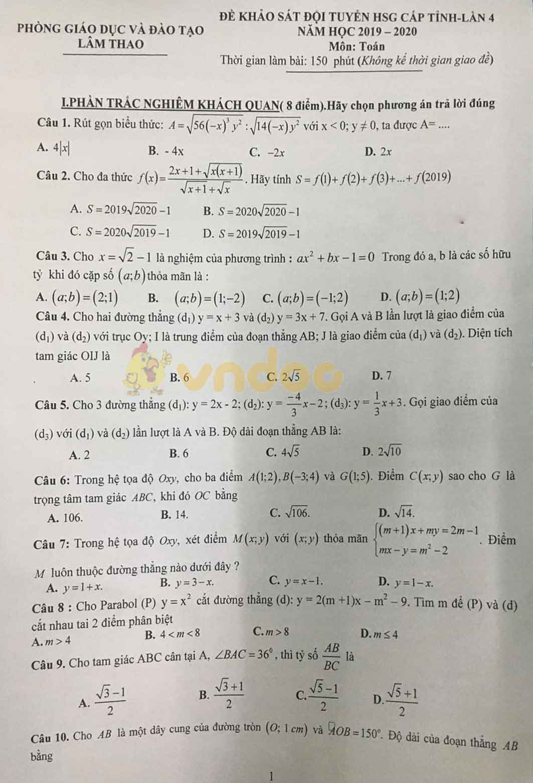 Đề thi chọn học sinh giỏi lớp 9 môn Toán Phòng GD&ĐT Lâm Thao năm 2020 - 2021 (Lần 4)