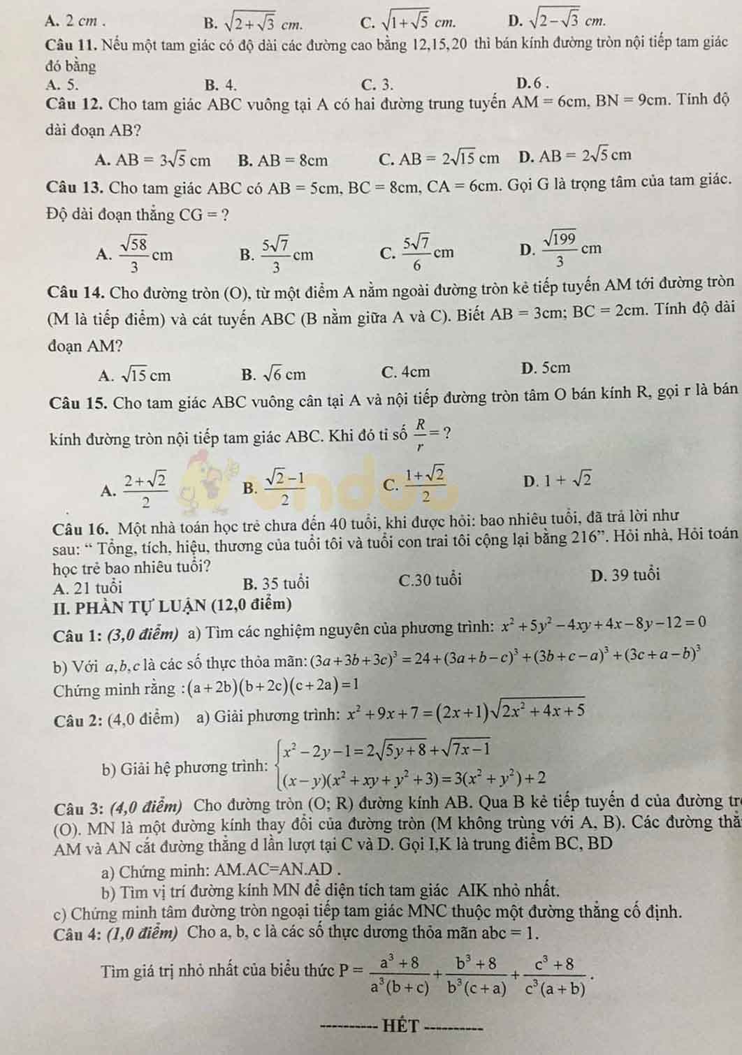 Đề thi chọn học sinh giỏi lớp 9 môn Toán Phòng GD&ĐT Lâm Thao năm 2020 - 2021 (Lần 4)