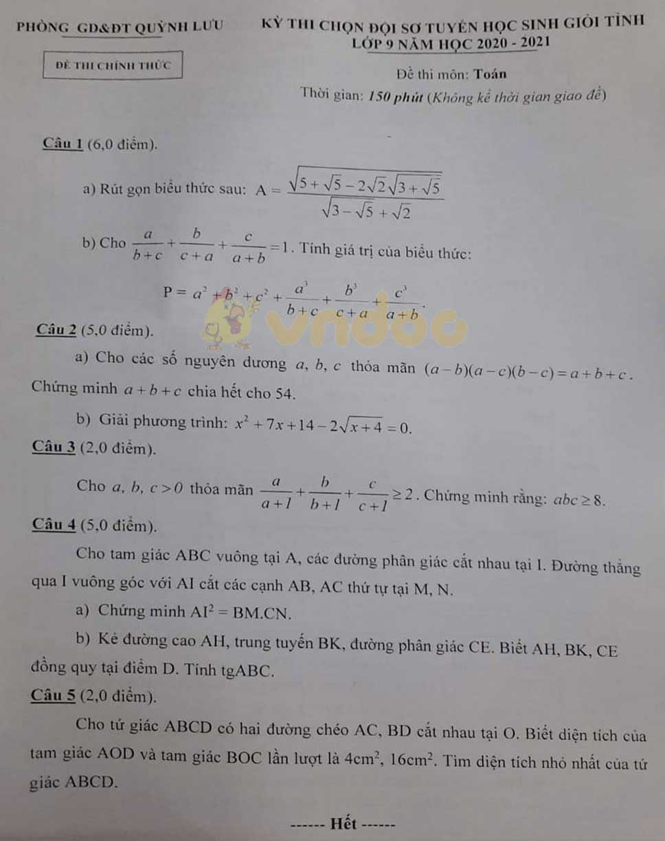 Đề thi chọn học sinh giỏi lớp 9 môn Toán Phòng GD&ĐT Quỳnh Lưu năm 2020 - 2021
