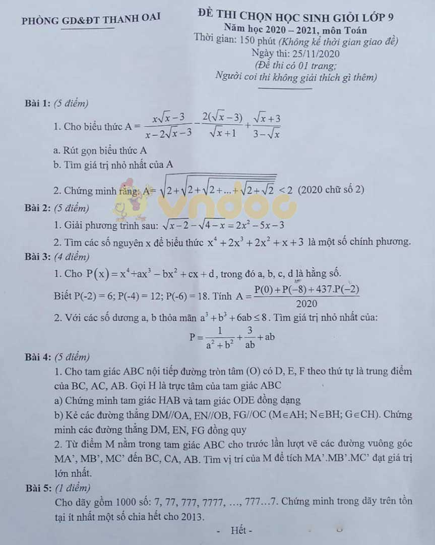 Đề thi chọn học sinh giỏi lớp 9 môn Toán Phòng GD&ĐT Thanh Oai năm 2020 - 2021
