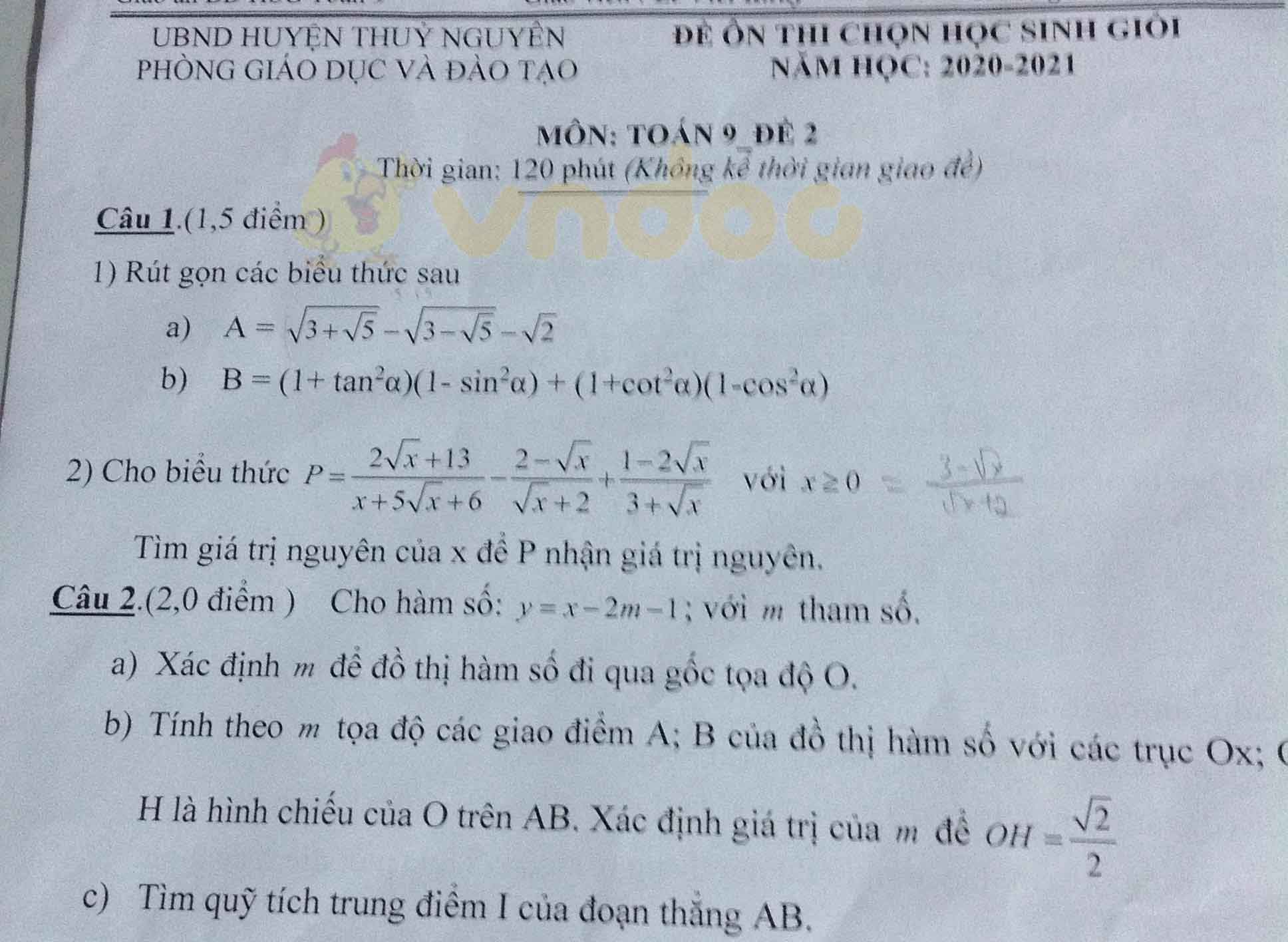 Đề thi chọn học sinh giỏi lớp 9 môn Toán Trường THCS Trung Hà, Thủy Nguyên năm 2020 - 2021 (đề 2)