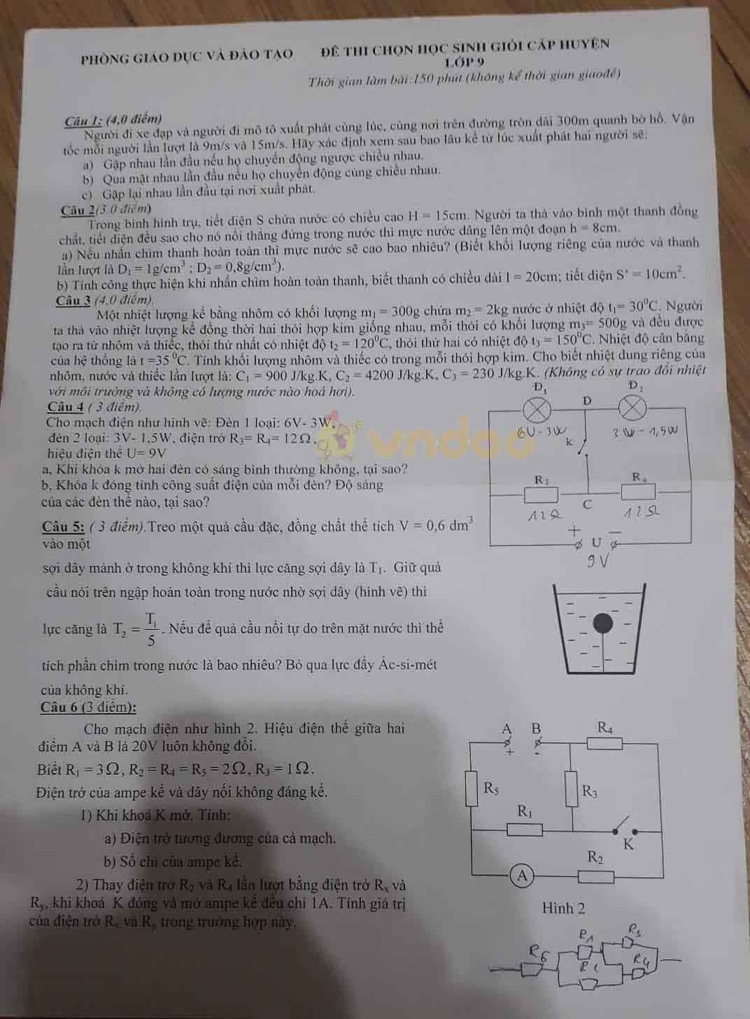 Đề thi chọn học sinh giỏi lớp 9 môn Vật lý năm 2020