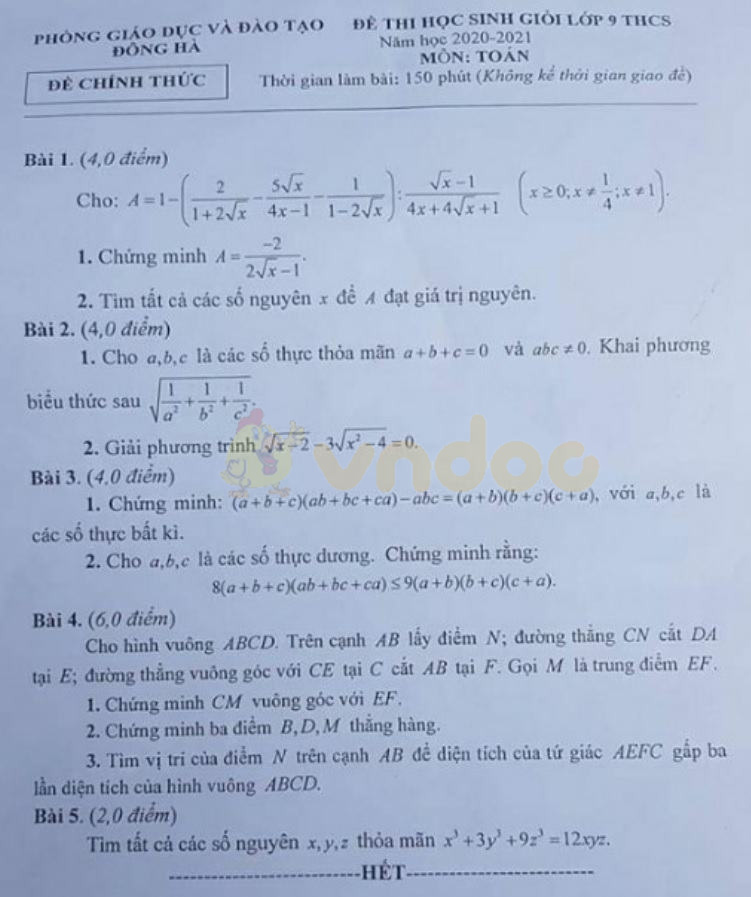Đề thi chọn học sinh giỏi lớp 9 môn Toán Phòng GD&ĐT Hà Đông năm 2020 - 2021
