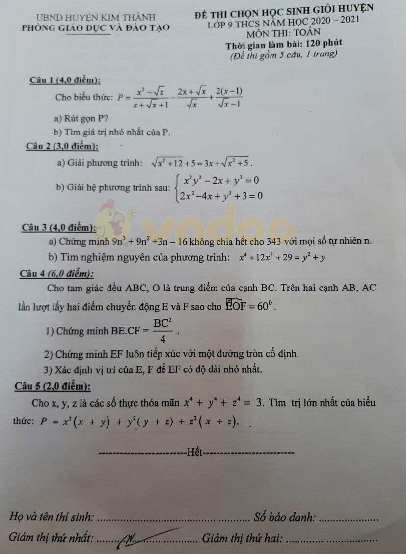 Đề thi chọn học sinh giỏi lớp 9 môn Toán Phòng GD&ĐT huyện Kim Thành năm 2020 - 2021