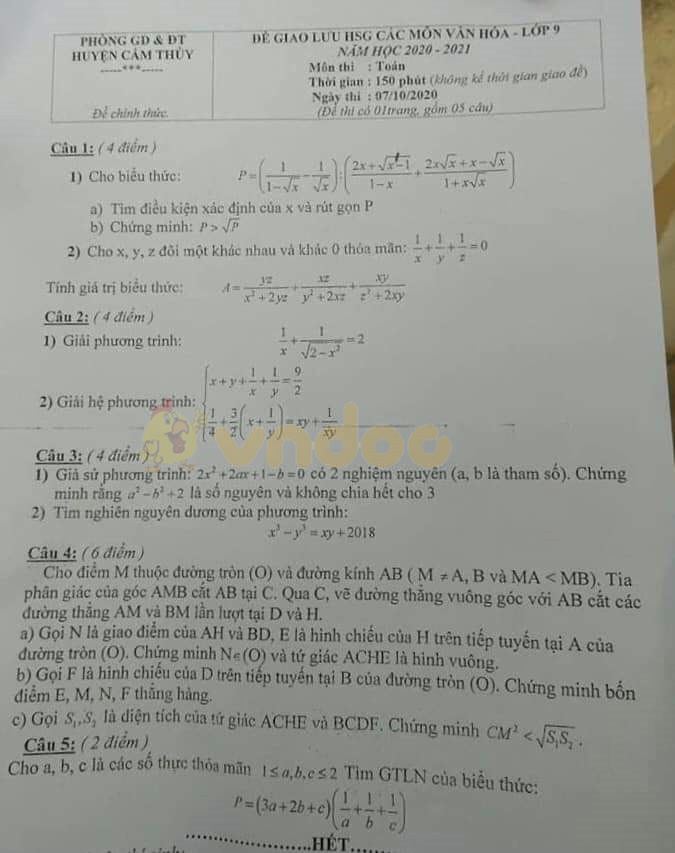 Đề thi chọn học sinh giỏi lớp 9 môn Toán Phòng GD&ĐT Cẩm Thủy năm 2020 - 2021