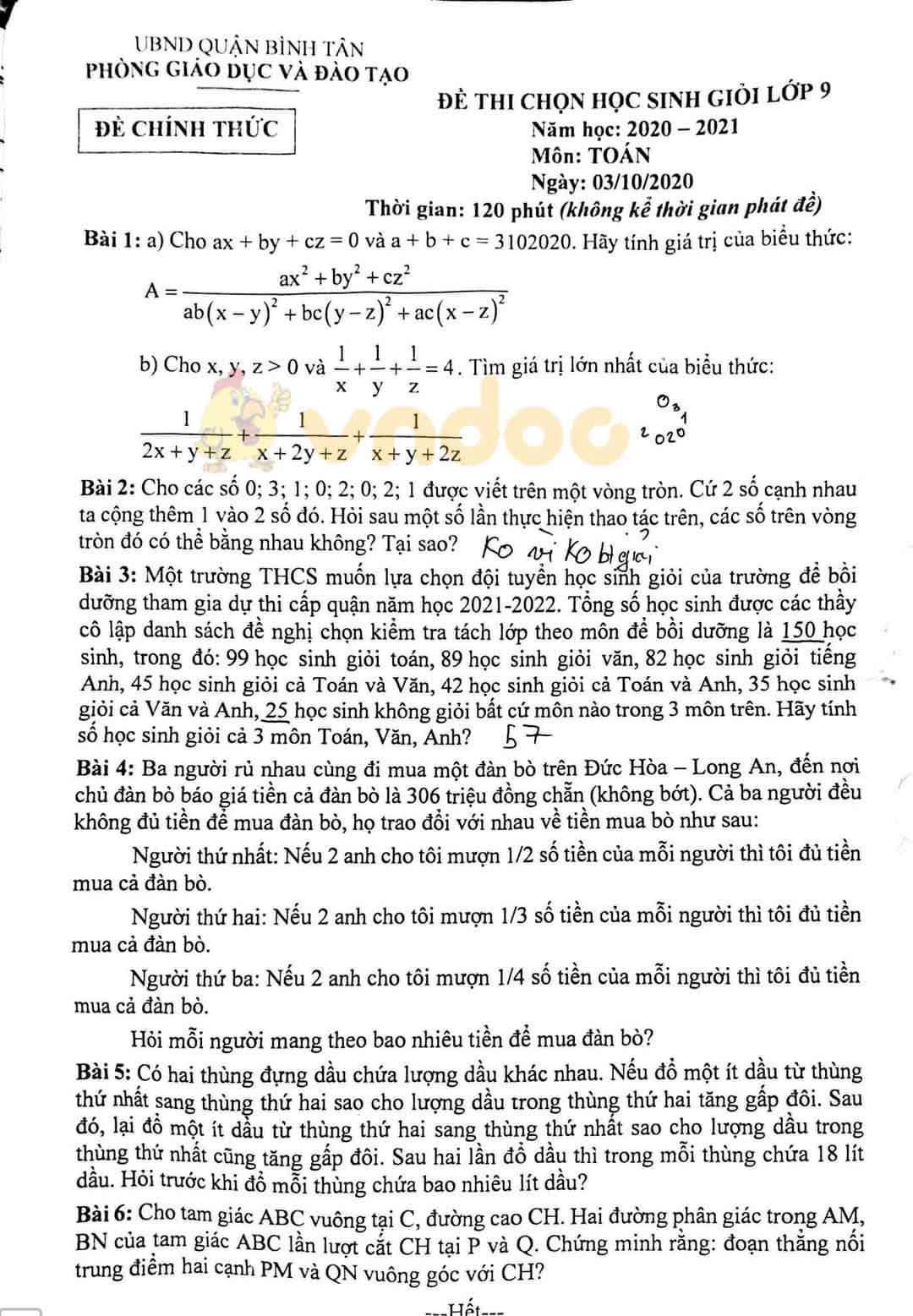 Đề thi chọn học sinh giỏi lớp 9 môn Toán Phòng GD&ĐT quận Bình Tân năm 2020 - 2021